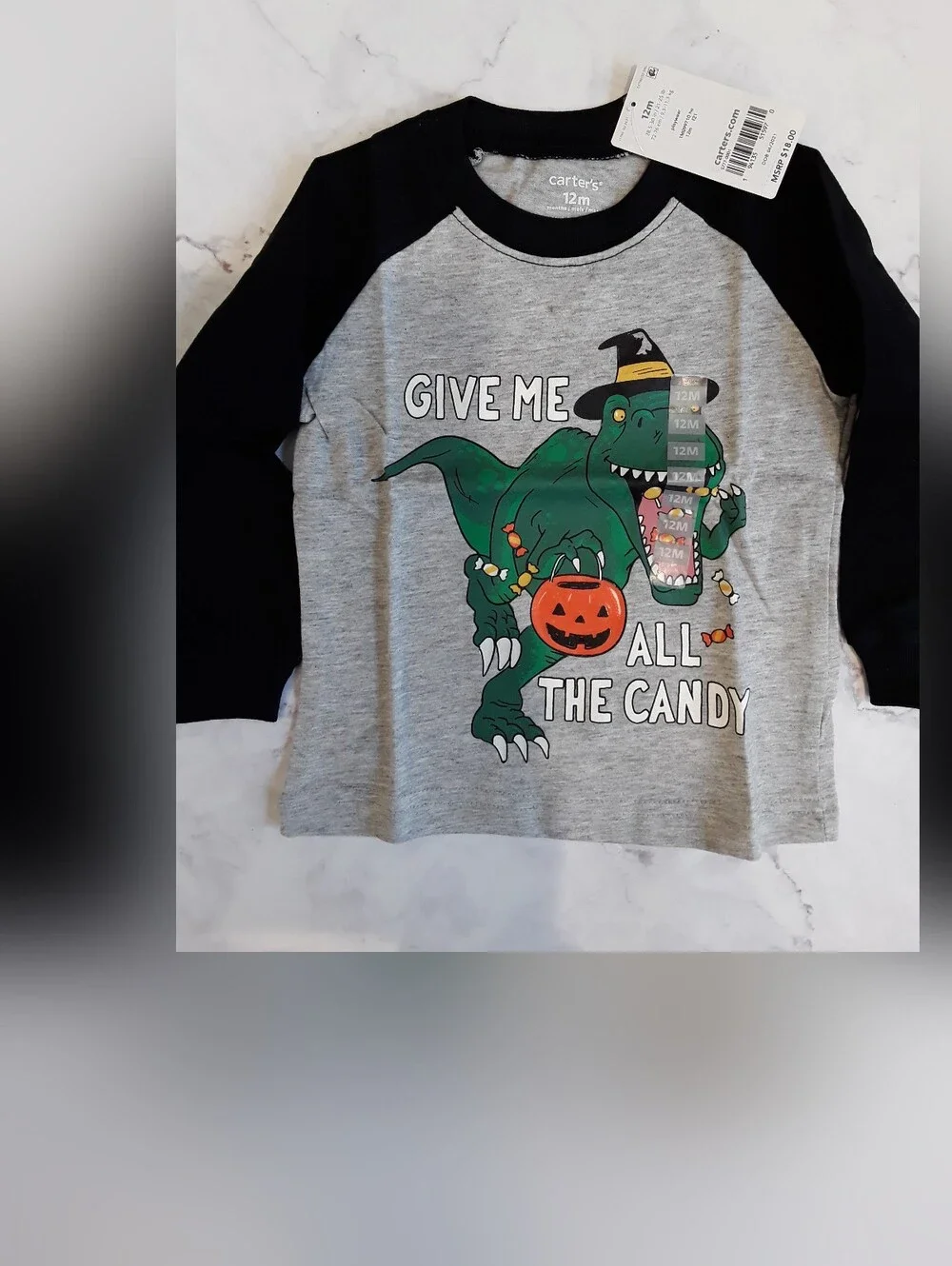 Carters 12 month Halloween Dinosaur Jersey Tee Long Sleeve 100% Cotton